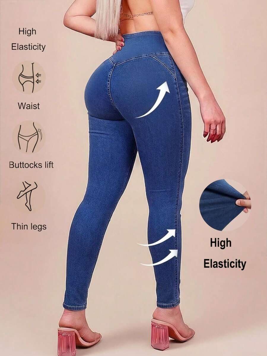High-Waisted Light Blue Skinny Jeans, Curve-Enhancing Pencil Pants, Suitable For Spring/Summer Holidays And Outings, Women's Denim Jeans Casual Vacation - Blue - View 1