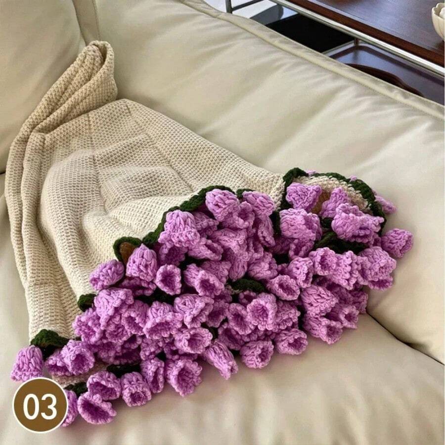 80Cm Finished Crocheted Rose Bouquet Blanket Handmade Knitted Flower Bouquet Blankets Home Decor Bed Sofa Throw Blanket Gift - 03 - 查看 1