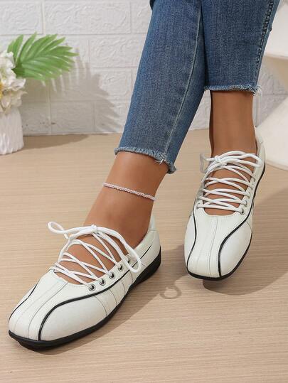 Solid Color Casual Sports Lace-Up Flat Shoes For Women, Comfortable Slip-On Sneakers For All Seasons