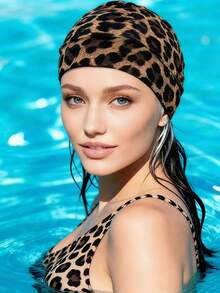1PC Leopard Print Pleated Swim Capsuitable,Elastic Fabric, For Long Hair And Large Head Sizes,Perfect For Summer Pool Parties And Birthday Gifts. - A - View 6