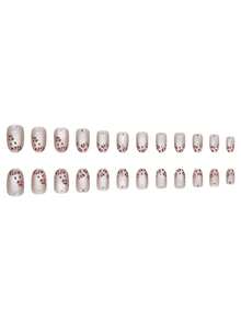 Eleva tu look, 24 piezas de uñas postizas de cobertura completa de estilo ojo de gato ovaladas cortas con brillo para mujeres, uñas con estampado de leopardo rosa con adornos de rhinestone, estilo de doncella cortesana simple y elegante de uñas de presión - Rosa Pálido - Ver 4
