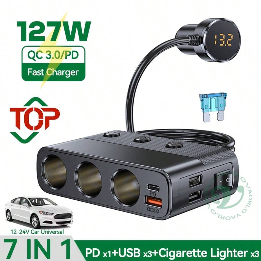 KZ 7合1 127W车载充电器分线器，多端口，PD 30W，QC 3.0，点烟器适配器，带开关的车载点烟器插座分线器