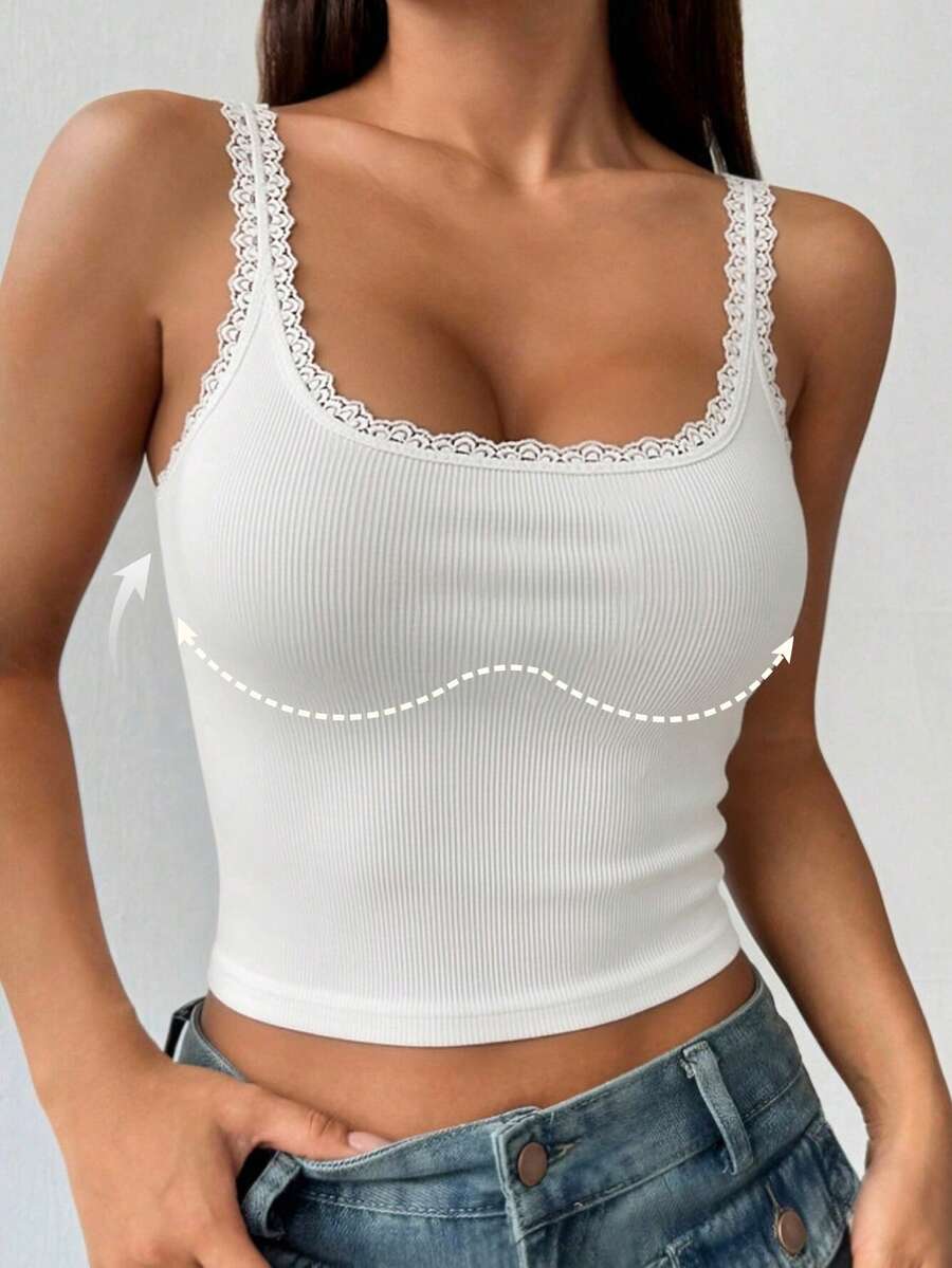 1pc Lace Patchwork Camisole Top With Padded Bust, Fitted Sleeveless Cropped Ribbed Tank Top, Suitable For All Seasons - White - View 1