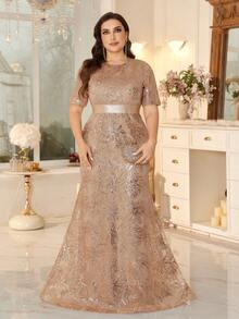 XUIBOL Elegantes luxuriöses Abendkleid in Große Größen mit elastischem Taillenband, Rundhalsausschnitt, Kurzarm und Pailletten, formelles Partykleid für Mütter, Hochzeitsgastkleid - Champagnerfarben - Übersicht 4