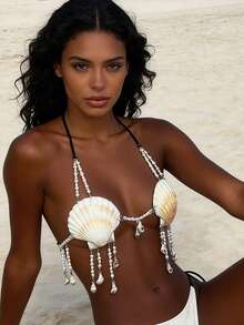 Sujetador tipo braguita de conchas para mujer, diseño de cadena de perlas, cuello halter, lencería babydoll atrevida. - Blanco - Ver 7