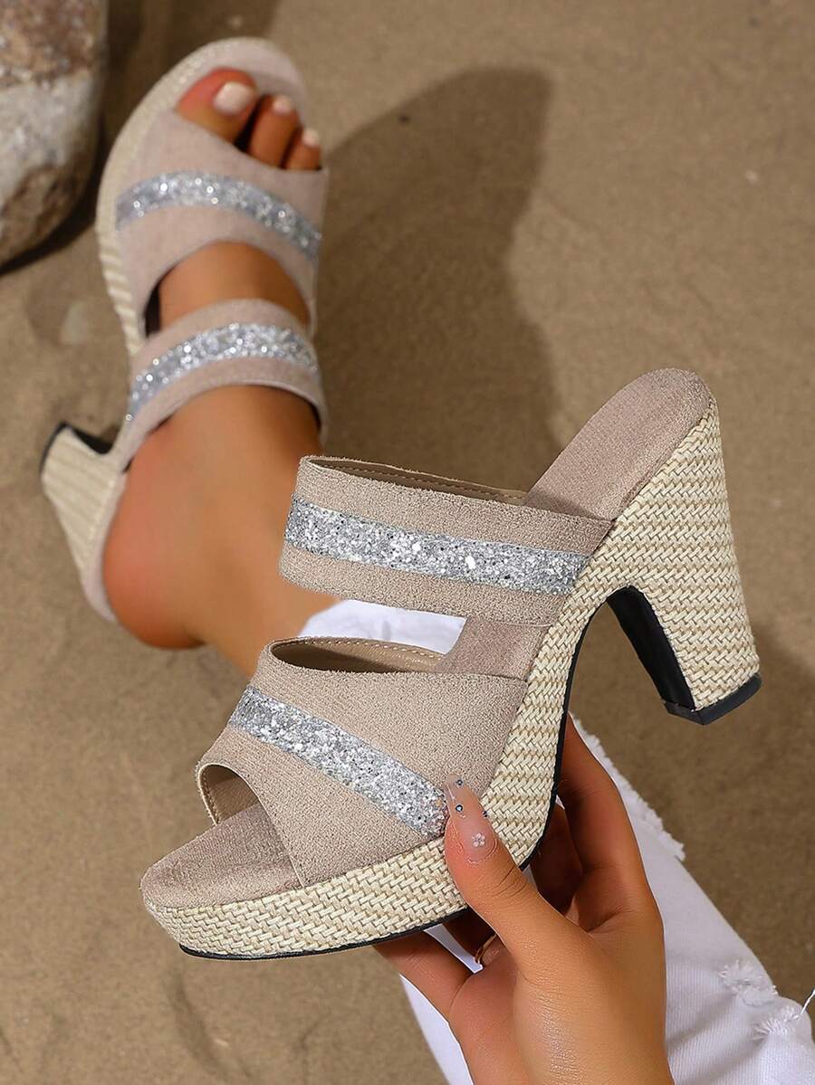 2026 Spring/Summer New European And American Style Black Velvet Rhinestone Double-Strap Woven Platform Thick Heel Sandals, Woven Strap Slide Sandals - Khaki - View 1