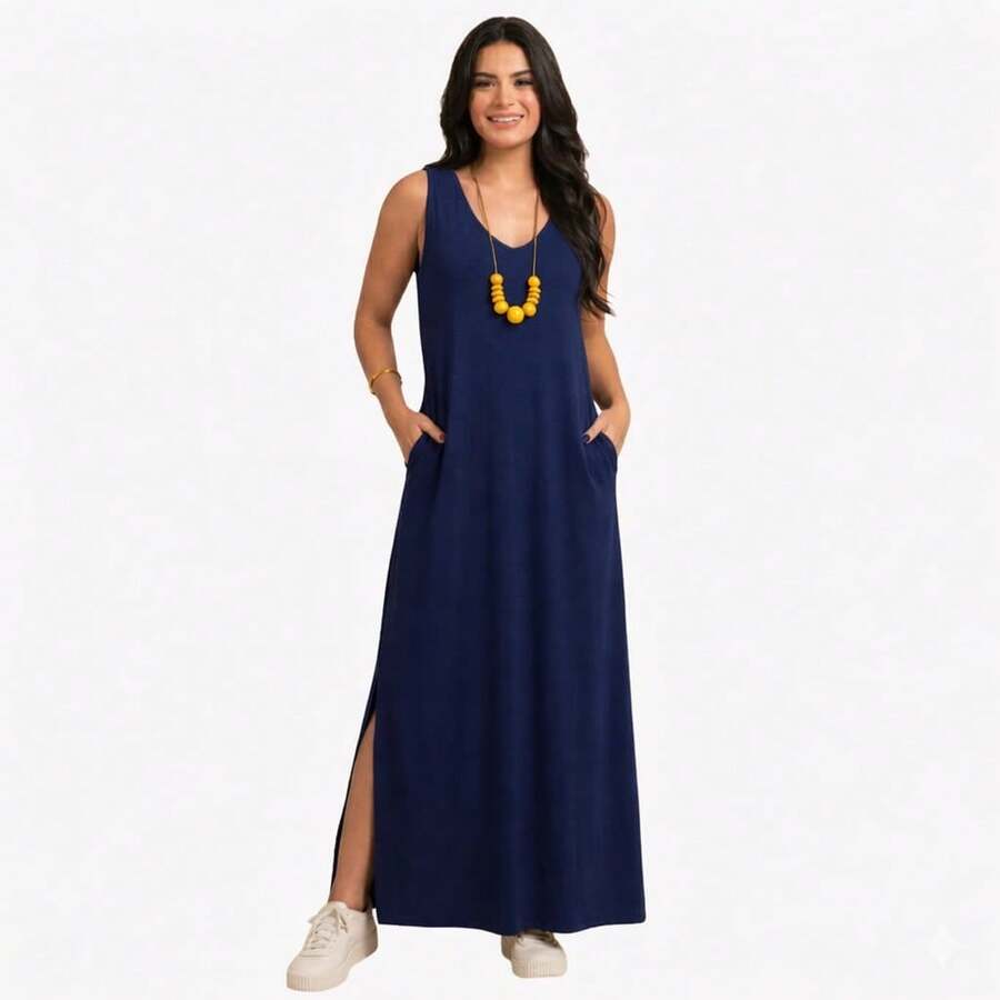 Women's Plus Size Tank Dress With Pocket 42 To 46 - 藏蓝色 - 查看 1
