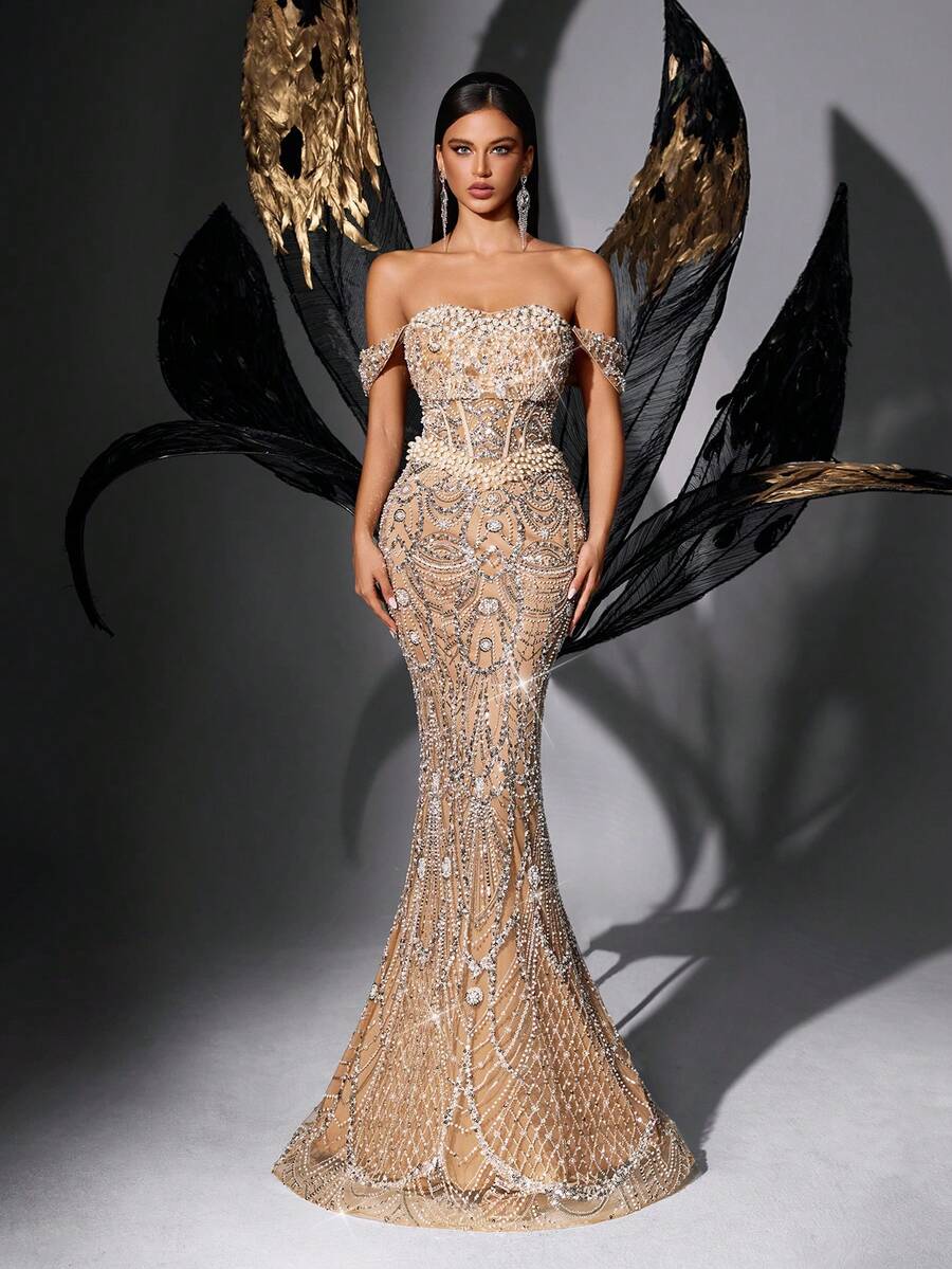 Stunning Beads Sequins Stitching Evening Gown Sequin Formal Dress For Party, Prom, Dinner, Galas Women Strapless Sleeveless Mermaid Hem Maxi Dresses Wedding Spring