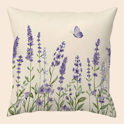 1件简约紫色薰衣草蝴蝶图案印花抱枕套，适用于办公室、家居、卧室、客厅，可作靠垫套、房间装饰 - 卧室装饰 - 节日装饰 - 派对装饰 - 多种尺寸可选（不含枕芯） - 无刺绣