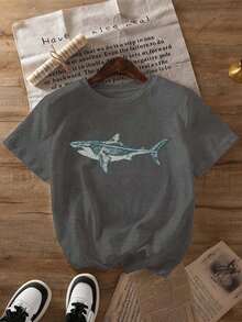 Great White Shark Graphic Print T-Shirt, Short Sleeve Crew Neck Casual Top For Summer & Spring, Women's Clothing - 深灰色 - 查看 3