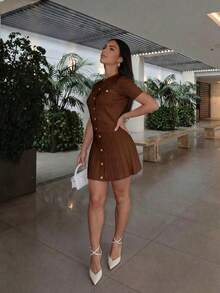 Women's Minimalist Elegant Knit Two Pieces Set, Casual Chic Style, Spring/Summer - Dark Brown - View 7