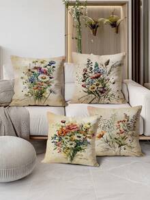 4 Peças Capas de Almofada com Estampa Aquarela Vintage, Adequadas para Diversos Tipos de Almofadas em Quartos, Decoração de Dormitório, Decoração de Feriados, Decoração de Festas (Sem Enchimento de Almofada) (Sem Bordado) (Múltiplos Tamanhos) (Impressão Unilateral) - Multicolorido - Visão 1