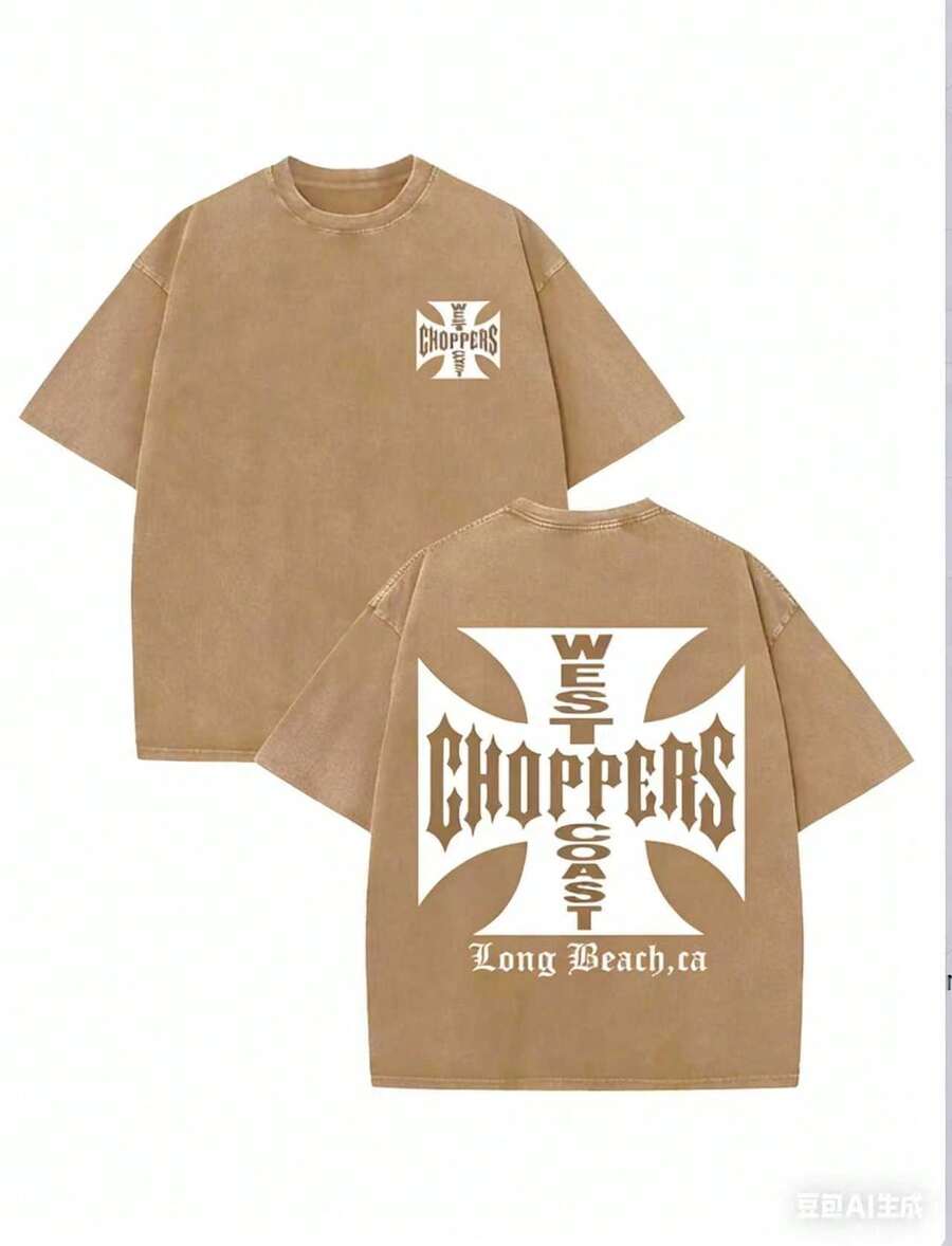 WEST COAST CHOPPERS Men's Retro Streetwear T-Shirt - 230g Washed Cotton, Double-Sided Print, Loose-Fitting Drop With A California Long Beach Graphic - 咖啡棕 - 查看 1