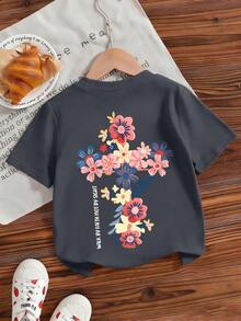 1pc Young Girl Floral Print Casual Loose Comfortable Soft T-Shirt, Suitable For Beach, Vacation, Daily Casual Wear, Summer, Cute - Dark Grey - View 3