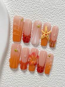 10Pcs Oceanic Fairytale Style Handmade Nail Art Set,Polygel Nail Set,Starfish, Seashells Nail Art Accessories,Includes Nail Tools,3 Sizes Available,Almond Nails , Duck Nails,Coffin Nails For Party, Dance, Daily Wear. - 彩色 - 查看 12