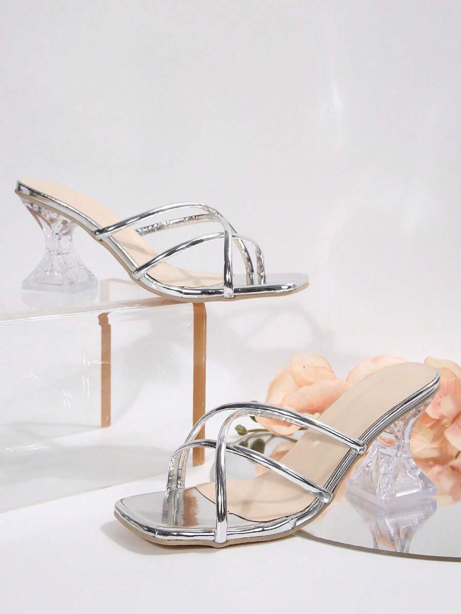 Giày sandal cao gót quai ngang mũi vuông mùa hè mới dành cho nữ, sandal cao gót trong suốt tối giản thanh lịch, sandal gót lệch đính pha lê thời trang, phù hợp cho buổi tối, tiệc tùng, đám cưới, công sở và các dịp khác, sandal màu bạc. - Bạc - Xem 1