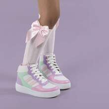 Children's 3/4 Party Socks 16-33 Satin Bow Long Shaft Youth Girl Baptism Wedding Flower Girl Social Dance Events Elegant Quality Soft Touch Coquette Korean Anime Schoolgirl - 2雙粉紅色 - 查看 3