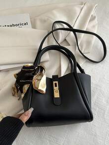 Adjustable Strap Handbag, PU Material, Solid Color, Top Zip Closure, Random Printed Pattern, Oiled Edge, Suitable For Women's Daily Use - Black - View 5