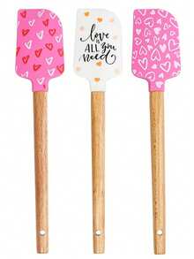 1 chiếc thìa silicon cán gỗ họa tiết Ngày Valentine, thìa silicon chịu nhiệt kèm nơ satin màu hồng, thích hợp cho việc nướng bánh, nấu nướng và xào. - Nhiều màu - Xem 7