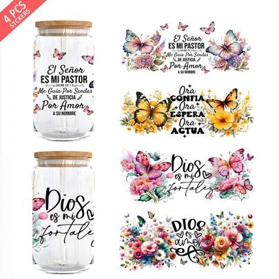 4pcs/Set Spanish Christian UV DTF Cup Wrap (9.4x4.3in), Bible Verse Mariposa Butterfly & Floral, Latina Woman Faith Quotes For 16oz Glass Mugs, Waterproof Rub On Transfer Decal DIY Religious Gift