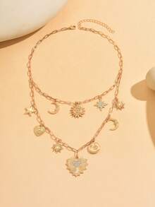1pc Creative Multi-Element Pendant Necklace, Fashionable Elegant Heart, Star, Moon Design, Versatile For Daily Wear, Vacation, Party, Adjustable Chain Length - Gold - View 2