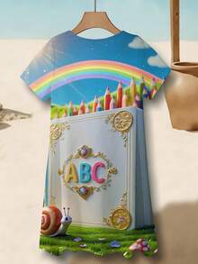 V Neck Dress Light Blue Rainbow Pencils Abc Book Garden Snail Mushroom Print Beach Vacation WearSuitable For Leisure And Sports Scenarios - Blush Crush - 查看 4