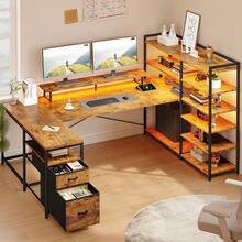 EnHomee Computer Desk With 6 Storage Shelves & 2 Fabric Drawers, 63"Reversible L Shaped Gaming Desk With Power Outlet, LED Strip & Monitor Stand - 查看 9