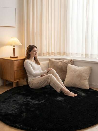 1pc Luxury Black Round Faux Fur Rug, Soft & Comfortable Bedroom/Living Room Decorative Carpet, Viral INS Style