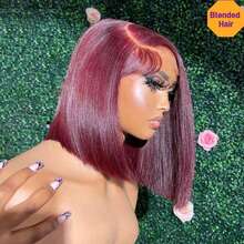200% Density Straight Wigs 13x4 HD Ear To Ear Deep Parting Lace Frontal Wig For Women Burgundy Short Bob Hair Heat Resistant Synthetic Mixed Human Blended Hair Wig With Baby Hair Wine Red Colored 99j Pre Plucked Realistic Hairline Pre Bleached Invisible Knots - SBUG - View 2