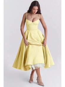 Women's Elegant Double Layered Flowy Dress, Classic Full Skirt A Line Swing Midi Gown, Lightweight Premium Casual Formal Dress, Modest Chic Party Wedding Guest Bridal Shower Evening Daily Outfit S-2XL - 黃色 - 查看 5