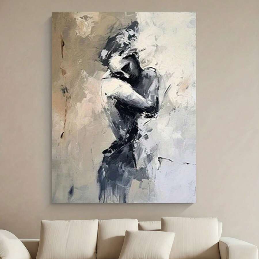 Enmarcado 1 Pieza de Pintura al Óleo de Pareja Abrazada Hecha a Mano - Obra de Arte Romántico Pintado con Espátula, Tono Gris Profundo, Decoración Minimalista para Pared, Ideal para Hogar, Boda, Aniversario - Elegante Abrazo de Pareja - Enmarcado - Ver 1