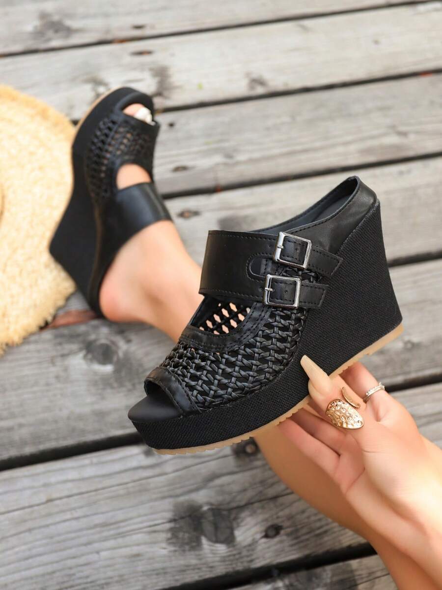 Giày sandal đế xuồng cao vừa phải cho nữ, đế dày, kiểu dáng thoải mái, dễ mang cho mùa hè. - màu đen - Xem 1
