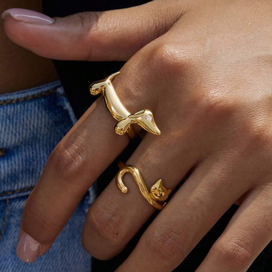 1 Peça Anel de Cachorro Salsicha Único de Moda, Cor de Ouro 18K, Aço Inoxidável com Strass, Anel Impermeável GATO DA SORTE Empilhável - Dourado - Visão 1