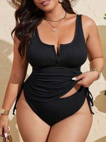 Swim Lushoire Plus Size Women Tank Top Plain Solid Black Textured Fabric Sports Swimwear For Summer Beach Vacation - 黑色 - 查看 1