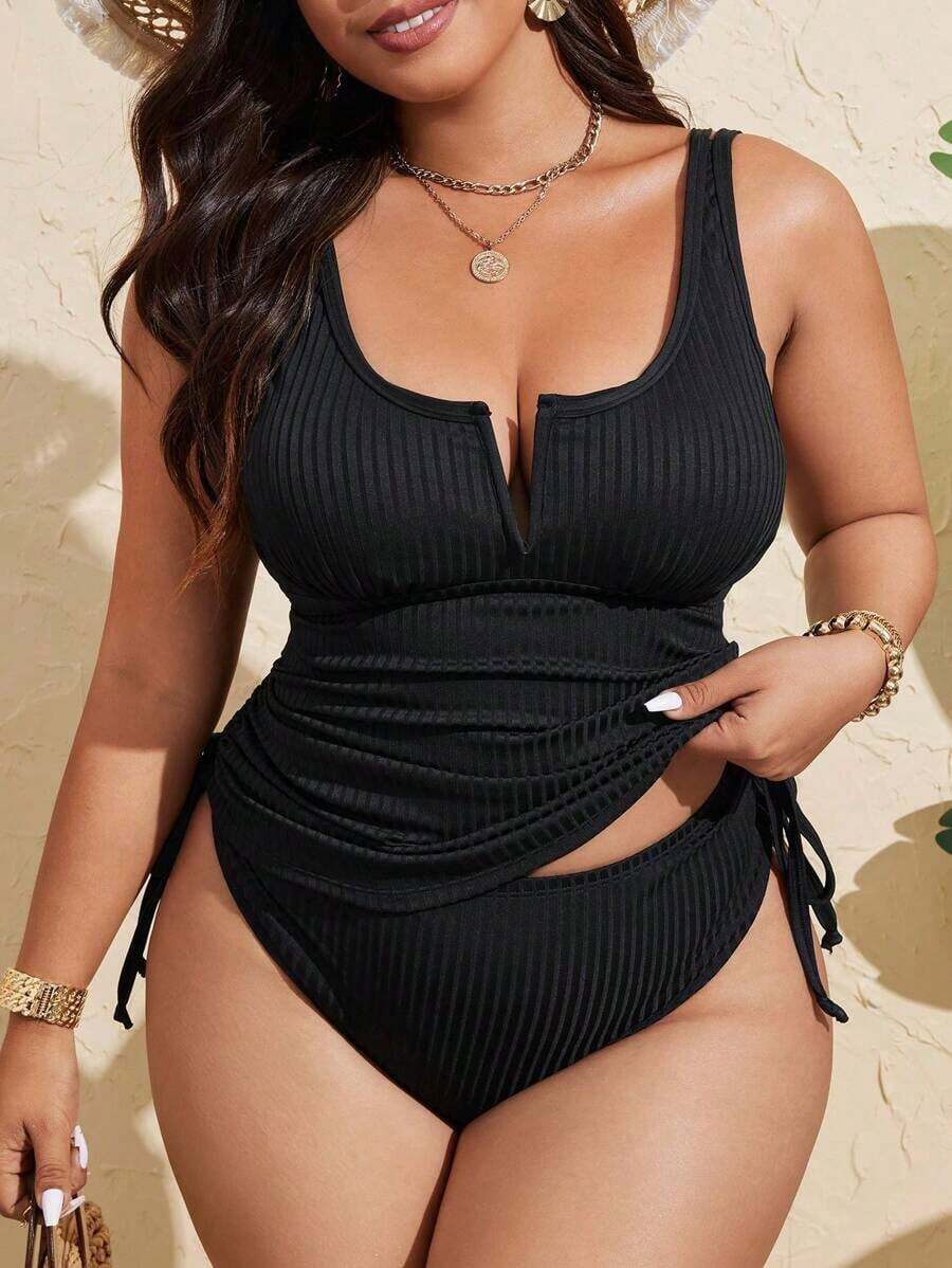 Swim Lushoire Plus Size Women Tank Top Plain Solid Black Textured Fabric Sports Swimwear For Summer Beach Vacation - 黑色 - 查看 1