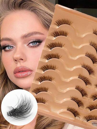 ENCHUW 16 pares de pestañas postizas de media longitud con banda transparente, suaves y naturales con efecto de ojos de gato, herramienta de maquillaje, extensión de pestañas esponjosas de imitación de visón