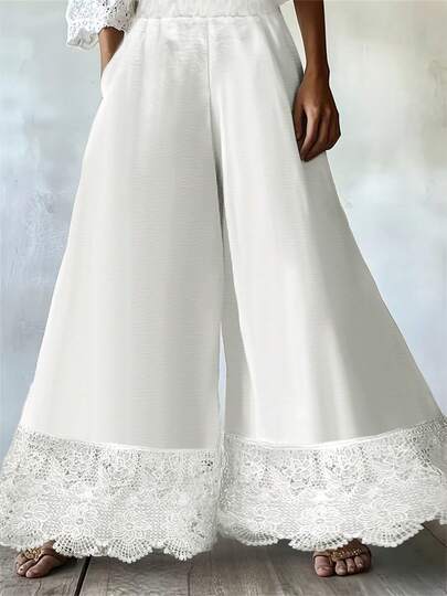 Plus Size Women Loose White Straight Leg Pants, Lace Trim Casual Vacation & Commute Versatile Trousers Spring