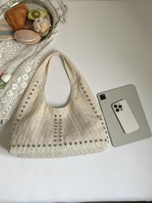 Women's Shoulder Bag Tote Bag Crescent Bag, Fashionable Straw Bag With Rivets Inlaid, Stylish Personalized Large Capacity Beige Bag - Beige - View 8