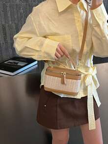2026新款手工编织草编包，小众设计链条单肩包，夏季女士手提包/方盒包 - 卡其色 - 查看 3