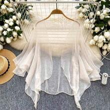 French Style Solid Color Mesh Cardigan Summer Loose Slim Sweet Shawl-Conditioning Top - 白色 - 查看 1