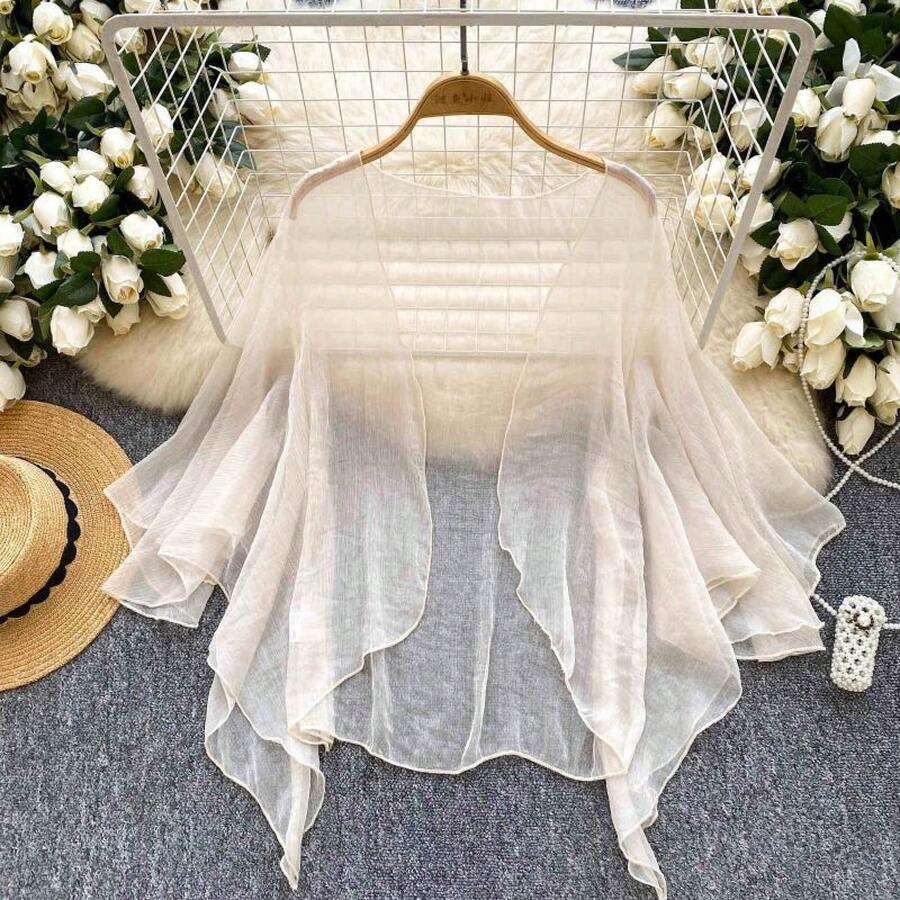 French Style Solid Color Mesh Cardigan Summer Loose Slim Sweet Shawl-Conditioning Top - 白色 - 查看 1