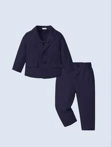 BOARNSEORL Bộ vest lịch lãm 2 món cho bé trai, gồm áo blazer kèm nơ và quần tây, thời trang và trang nhã, thích hợp cho các lễ hội, đám cưới, lễ rửa tội, sinh nhật. - Màu xanh hải quân - Xem 1