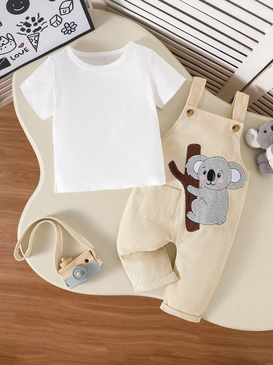 Set de 2 piezas de camiseta de manga corta y pantalón tipo babero con bordado de koala lindo y de dibujos animados para bebé, para verano - Albaricoque - Ver 1
