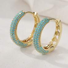 Clear Blue Fully Pave Hoop Earrings, Fresh Texture Minimalist Style, Versatile Daily Wear, Exquisite Gift - Gold - View 5
