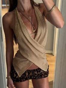 Áo tank top không tay dáng ôm Elestia kiểu mới màu kaki cổ chữ V sâu, dây buộc chéo sau lưng, gợi cảm, dễ thương phong cách Y2K, chất liệu dệt kim bóng, thanh lịch, thời trang, giản dị, thích hợp cho câu lạc bộ, lễ hội, du lịch, bãi biển, hẹn hò, tiệc tùng, kỳ nghỉ, đi xem hòa nhạc, sinh nhật, đi chơi. Phù hợp cho mùa xuân, hè và thu. - Lạc đà - Xem 2