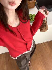 可爱蕾丝边饰甜美温柔优雅纯色圆领针织开衫 - 紅色 - 查看 4