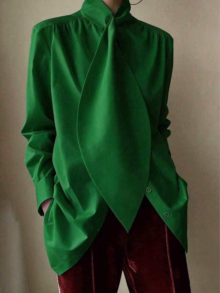 Plus Size Elegant Women Long Sleeve Shirt With Decorative Tie Collar - Solid Color Casual Spring - 綠色 - 查看 1