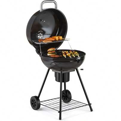 Portable Kettle Barbecue With Warming Rack, Temperature Gauge, Storage Shelf, Wheels, Lockable Lid, Removable Ash Cup, Large Cooking Grill