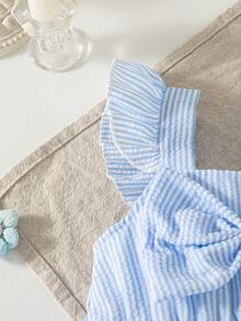 夏季女婴可爱蓝色蝴蝶结吊带连体衣和蕾丝遮阳帽 - 淺藍色 - 查看 6