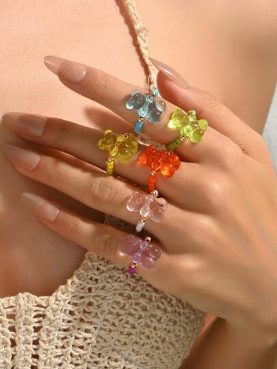 Set de 6 anillos elásticos con cuentas de estilo bohemio y colorido, anillos tejidos a mano con dije de dopamina, adecuados para uso diario, vacaciones, fiestas, gran regalo para amigos